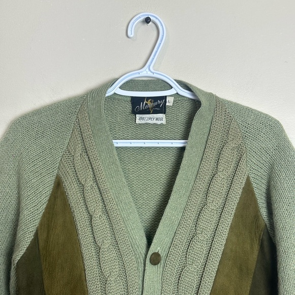 Vintage Mercury 2-Ply Wool Cardigan Men’s L Green Suede Panel Button Sweater - Picture 2 of 5